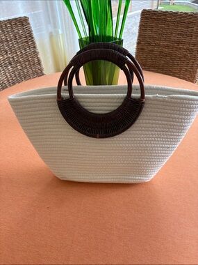 Cream Woven Tote with Dark Wood Ring Handles